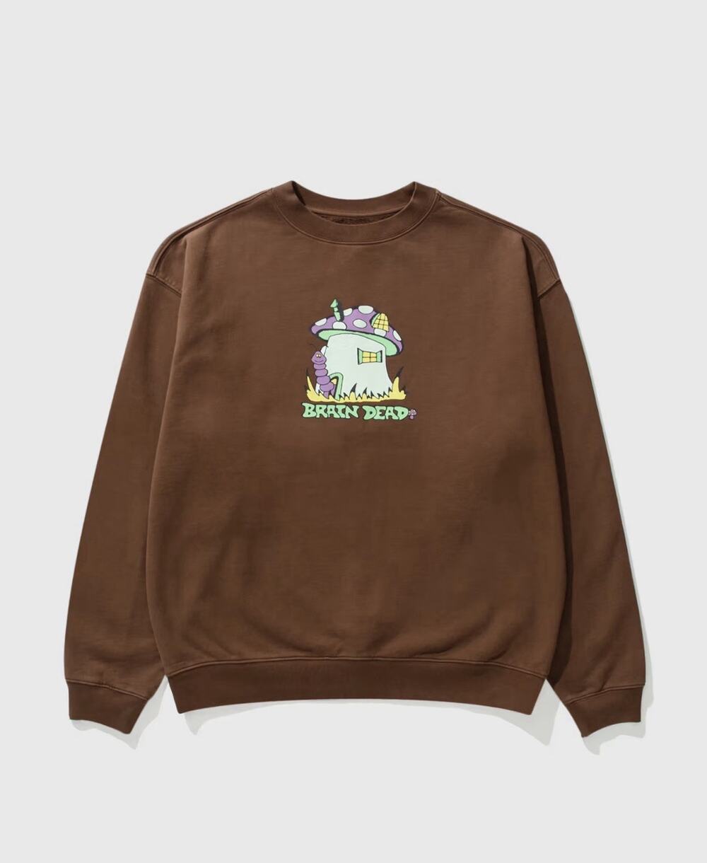 Brain Dead Mushroom House Crewneck Sweatshirt Brown Graphic Fairy Men’s Size L